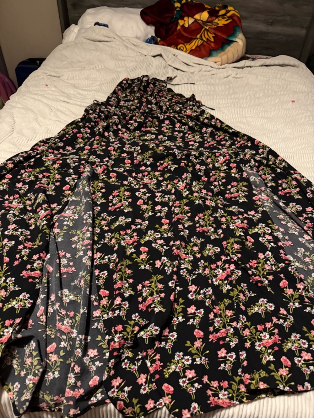 Black Floral Maxi Dress with Pink & Green Blossoms